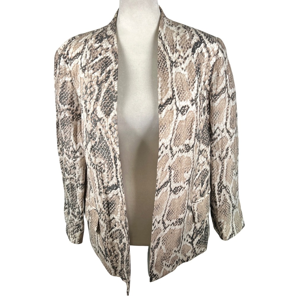 LOUBEN‎ Women Neutral Tan Snakeskin Linen Blend Blazer Jacket Size 10 Open Front